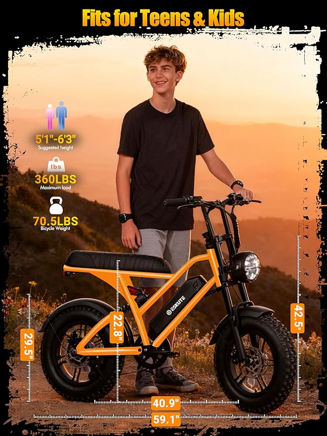 ESKUTE V100 Electric Bike for Adults, Electric Dirt Bike 1500W Peak Motor, All Terrain Dual Suspension E Bike 28MPH Top Speed, Ebike Up to 60 Miles Range, 16" Fat Tire, 48V13Ah Battery, 7-Speed