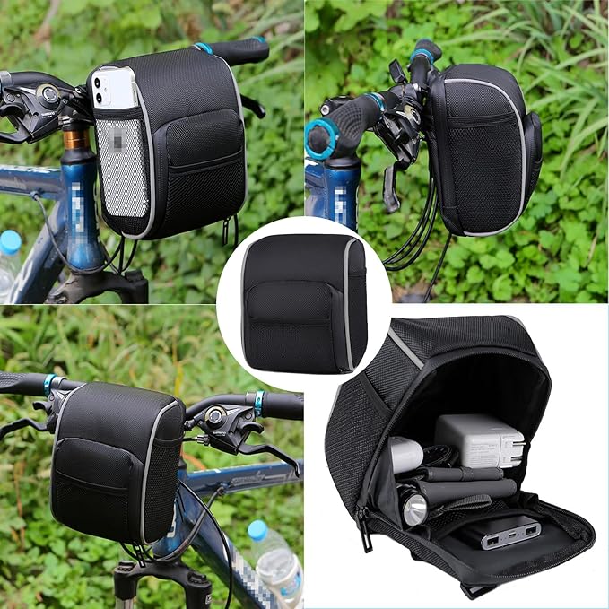 Cycling Handlebar Bag, Waterproof Black Bike Frame Bag, Large Capacity Bike Handlebar Bag with Easy Attachment, Compact Front Storage Bag for MTB and Road Bikes, 7" x 6" / 19 x 14 cm