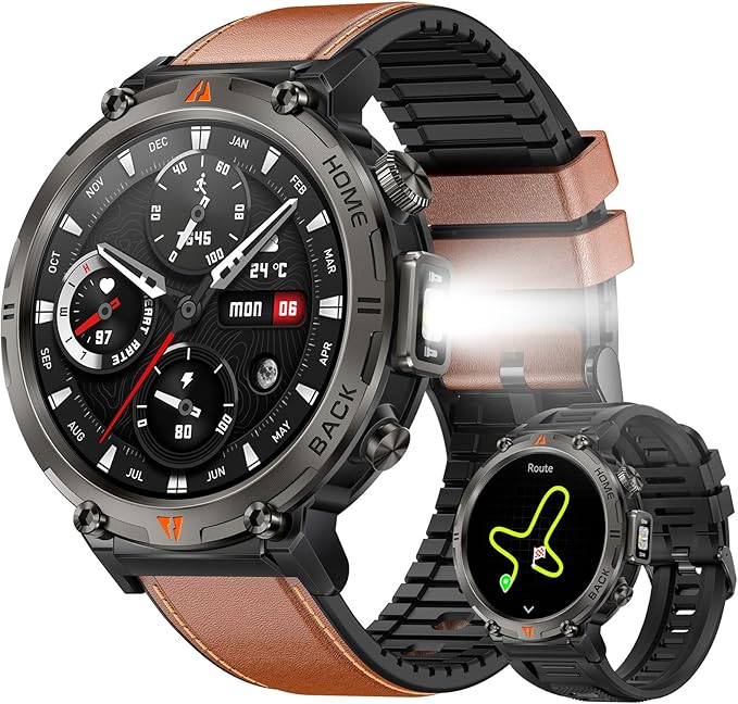 Military Smart Watches for Men Built-in GPS with LED Flashlight Compass, 3ATM Waterproof Rugged Tactical Smartwatch with Text and Call, 1.45" HD Fitness Tracker with HR SPO2 Monitor for iPhone Android