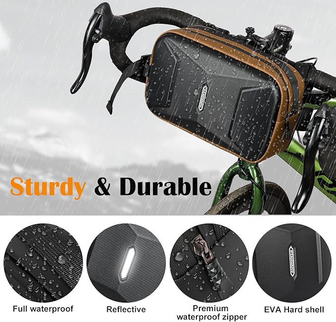 Bike Handlebar Bag, EVA Waterproof Bike Front Bag, 3.2L Bicycle Frame Storage Bag Waist Shoulder Bag, Bike Pouch for Road Mountain Bicycle Cycling Travel Hiking (Brown)