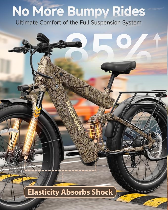 PUCKIPUPPY 1350W Electric Bike for Adults, 130 Miles Dual 48V 30Ah Long Range Ebike with Torque Sensor | 28MPH | 8-Speed | 26"x4" Fat Tires | Full Suspension | Long-Distance Travel (Bulldog Pro)