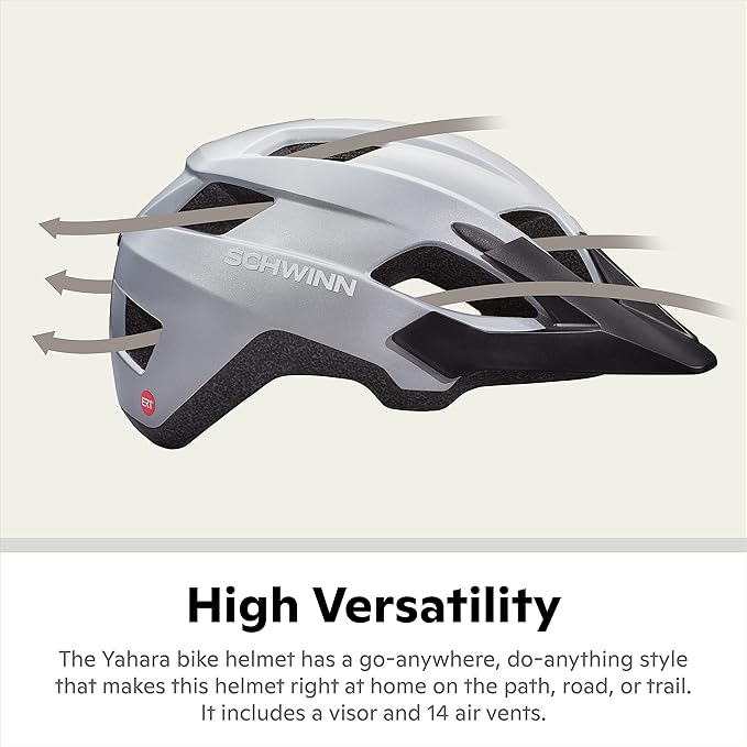 Schwinn Yahara ERT Bike Helmet for Adult Youth Men Women Ages 8 and Up, Can Fit Head Circumference 54-62 cm, with 14 Vents, Removable Visor, and Adjustable Locking Strap