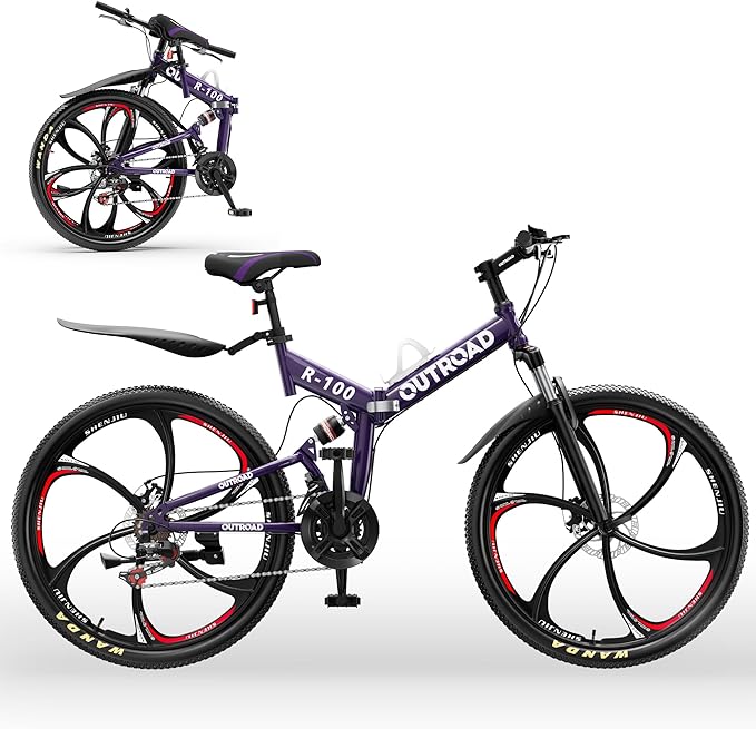 Outroad 26 Inch Folding Mountain Bike, 21 Speed Full Suspension High-Carbon Steel MTB Foldable Bicycle, Dual Disc Brake Non-Slip Folding Bikes for Adults/Men/Women, Black, Orange and Green