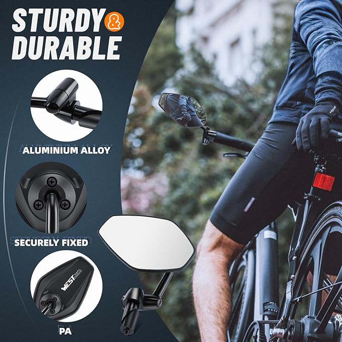 West Biking Bike Mirror, 360° Adjustable HD Shatterproof Bicycle Mirror, Aluminium Alloy Mirror Stem Provides Exceptional Stability,Handlebar-End Rear-View Mirror Suitable For E-Bike(Left)