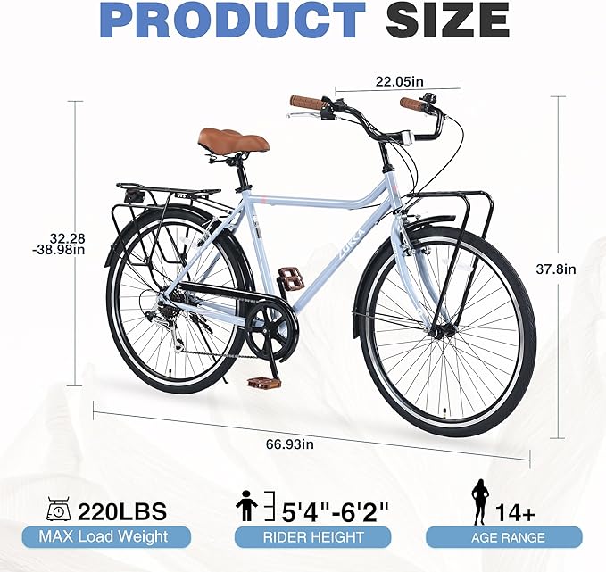Vintage Style 26 Inch Adult Cruiser Bicycle Hybrid Bike 7 Speeds Commuter Bike for Women, Men, Seniors, SHMANO Shifter and derailleur Step-Over Steel Frame,Double Cargo Rack，4 Colors