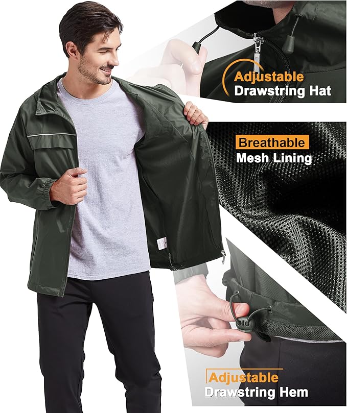 GEEK LIGHTING Rain Jacket Men Lightweight Waterproof Jackets Packable Windbreaker Hooded Raincoat for Golf Cycling Outdoor