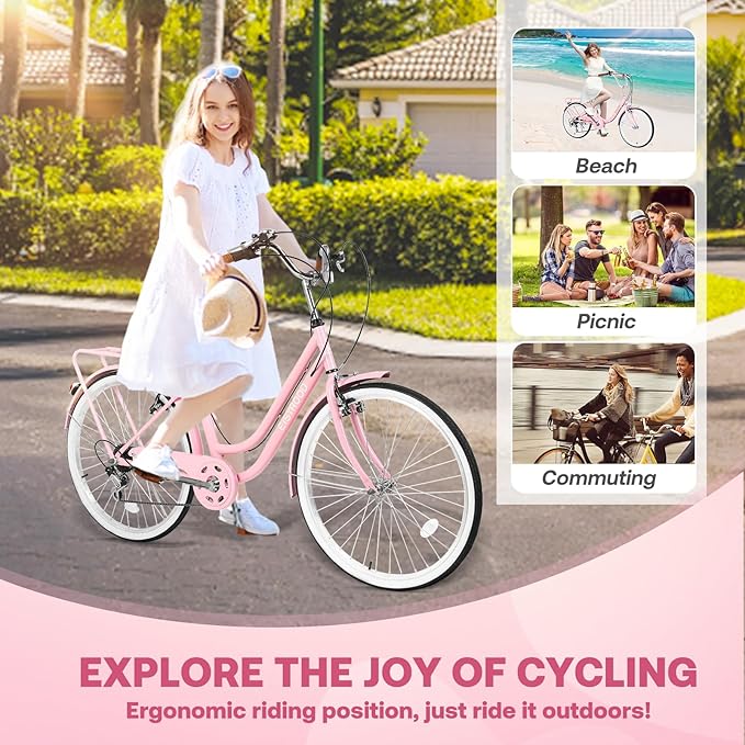 26 Inch Folding Beach Cruiser Bike for Women, 7-Speed Ladies Bike with Basket & Rack, Perfect for City Commuting's Bicycle, Ideal for Women and Adults
