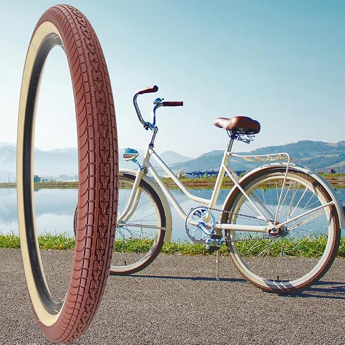 SIMEIQI 26x2.35 20x2.35 Inch Cruiser Beach Bike Tire Black White Wall or Brown Cream Wall Folding Replacement Bicycle Tire for Hybrid City Commuter Trail