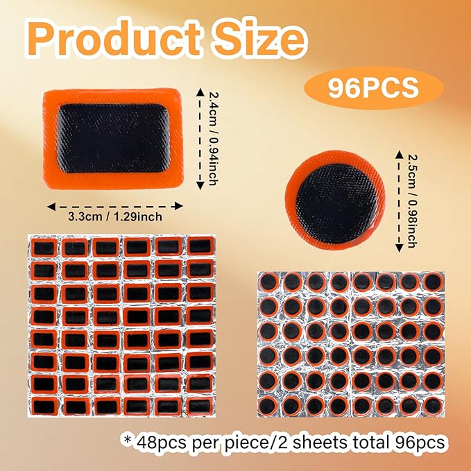 96 Pcs Ponches Frios para Bicicletas, Tire Patches for Bicycle Inner Tube Repair, 0.98 Inch Rubber Patch Kit, Emergency Road Cycling Tool (Square + Circle)