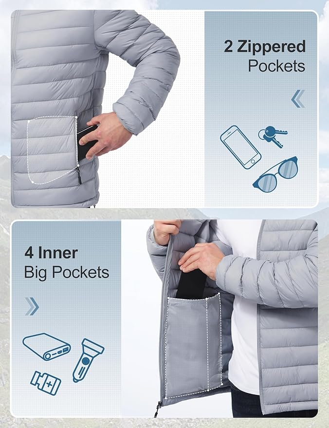 Men's Lightweight Packable Puffer Jacket Insulated Warm Winter Jackets Puffy Coat for Ski Hiking Travel
