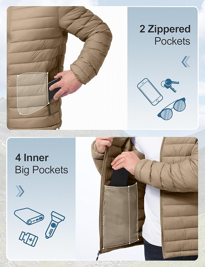 Men's Lightweight Packable Puffer Jacket Insulated Warm Winter Jackets Puffy Coat for Ski Hiking Travel