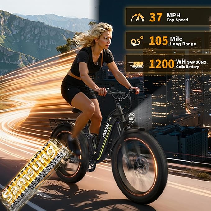 FREESKY Wildcat Ultra 3000W Electric Bike for Adults 105mile Long Range Step-Thru Ebike Motor 37MPH Dirt E Bike 25Ah Samsung Battery 26'' Fat Tire Electric Bicycle Full Suspension for Commute