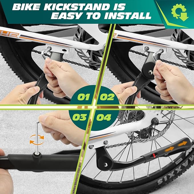 Bike Kickstand 24" to 29" Heavy Duty Adjustable Rear Mount Aluminum Alloy Bicycle Kickstand for Electric Mountain Road Adult Bikes 2 Holes