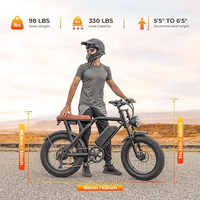 RKJ Electric Bike for Adults, 2200W, 35MPH, 75 Miles, 48V 15.6AH Removable Battery, 7-Speed, 3 Modes, Full Suspension, Dual Disc Brakes, 20" All-Terrain Fat Tires, UL 2849 Certified E Bike