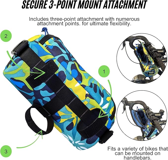 Handlebar Bag (MargaRidaVille) | 2 Liter Capacity | Spacious Bike Bag w/ 2 Extra Long Buckle Straps & 1 Hook-and-Loop Strap | Water Resistant Front Basket | Bike Accessories | Made in USA