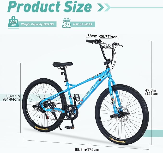 Freestyle Teen Bike Double Disc Brakes 26 inch BMX Bike High-Aluminum/Carbon Steel Frame, for for Teen Bike and Adult Bikes, with 2 Pegs, Bicycles for Men and Women, Multiple Colors