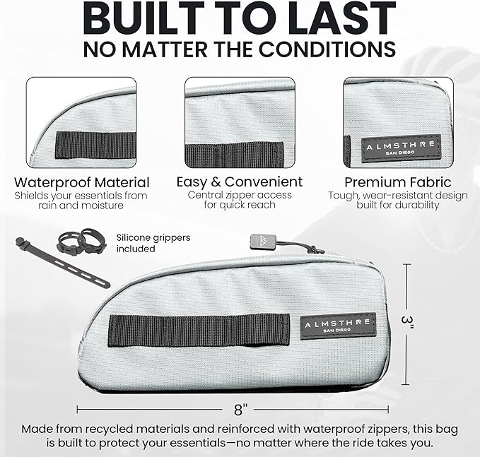 ALMSTHRE Top Tube Bag 8'' x 2'' x 3'' | Waterproof, Secure & Stable – Universal Bike Storage with Versatile Mounting – Fits Essentials | Adventure-Ready Cycling Gear