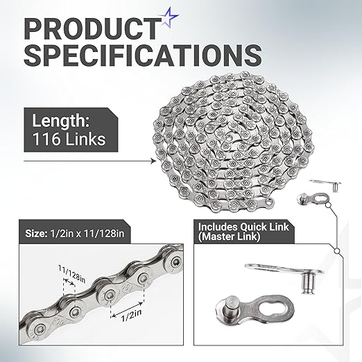 BlueStars 9 Speed Bike Chain 1/2 x 11/128 Inch (116 Links) with Quick Link - Anti-Rust Bicycle Chain - for MTB/Road/Gravel/Cyclocross Bikes - Compatible with Shimano SRAM Campagnolo