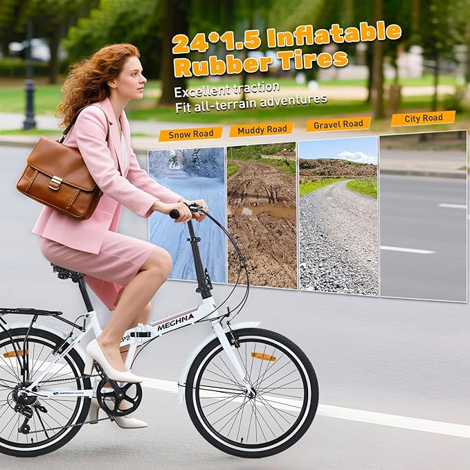 24" Folding Bikes for Adults 7 Speed City Commuting Folding Bicycle with Steel Frame/Front and Rear are V Brakes Compact Folding Bike for Adults Men and Wome No Assembly Required