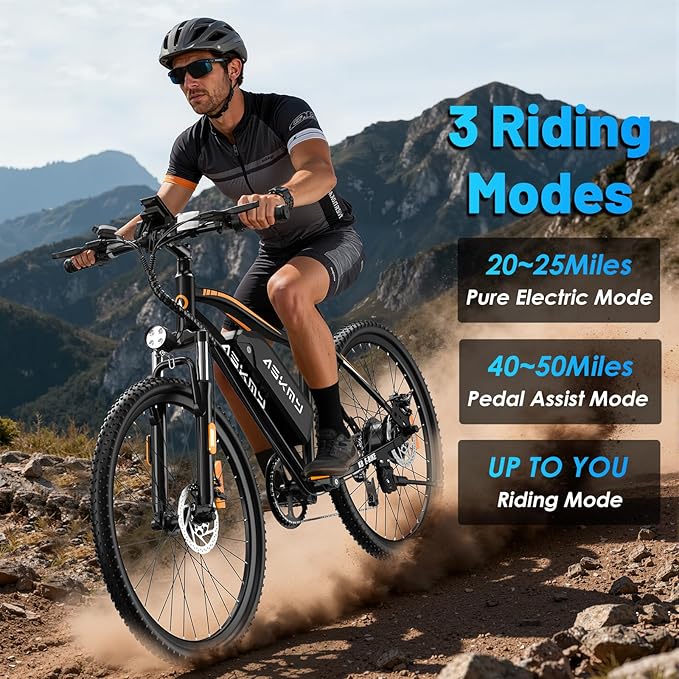 Electric Mountain Bike for Adults 750W Peak Motor, 26 Inch E-Bike with 48V 480Wh Removable Battery, Commuter Electric Bicycle with 25MPH and 40-50 Miles PAS Range, 7-Speed, Front Fork Suspension