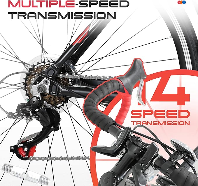 700C Wheel Road Commuter Bike, 14 Speed Shifter, Dual Disc Brakes Racing Bicycle with Light Aluminum Alloy Frame for Adult Men and Women