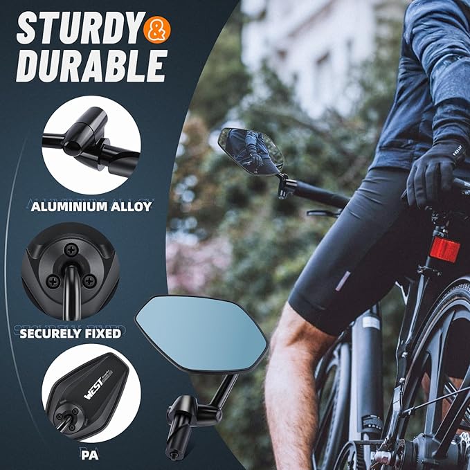 West Biking Bike Mirror, 360° Adjustable HD Shatterproof Bicycle Mirror, Aluminium Alloy Mirror Stem Provides Exceptional Stability,Handlebar-End Rear-View Mirror Suitable For E-Bike(Left)