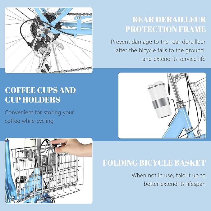 24/26 Inch Foldable Beach Cruiser Bike for Womens, 7 Speed Womens Bike with Basket and Coffee Cup, Commuting Bicycles for Women, Lightweight Complete Cruiser Bikes Bicycle for Ladies Adults