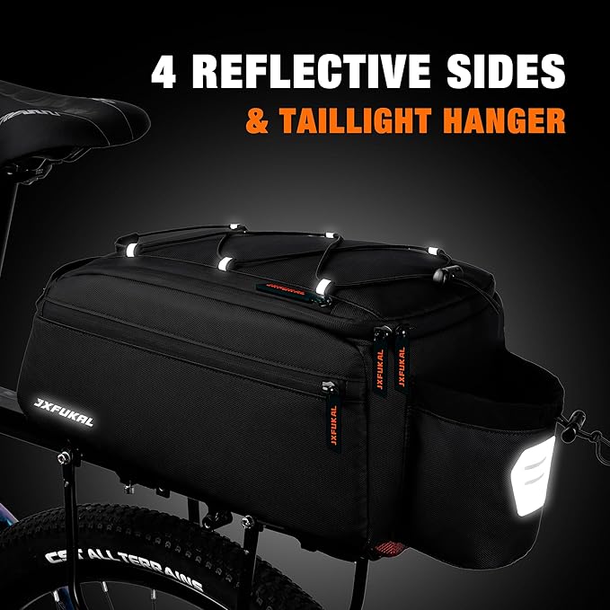 JXFUKAL Bike Bags for Bicycle Rear rack, 13L Supportive Bike Rack Bag Built-in Rigid side & Base Panel, Waterproof Reflective Ebike Trunk Pannier Saddle Seat Bag Carrier for Commuter Travel Outdoor
