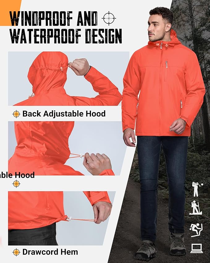 33,000ft Men's Packable Rain Jacket Lightweight Rain Shell Jacket with Hood Waterproof Raincoat for Cycling
