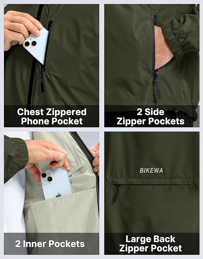 Bikewa Men's Cycling Rain Jackets Waterproof Running Bike Windbreaker Lightweight Packable Hooded Jacket