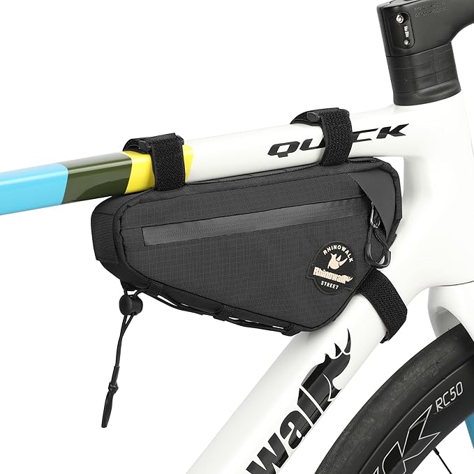 Rhinowalk Bike Frame Bag Waterproof Triangle Frame Storage Bag with Cable Port 1L Lightweight Bicycle Bag for Road Bike MTB Gravel Bike Compact Cycling Accessory with Pump Strap (Black)