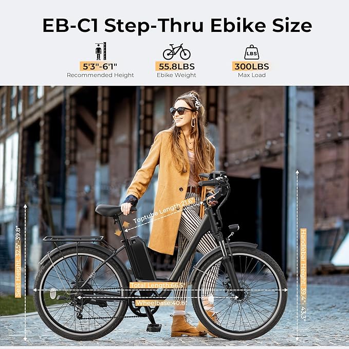 Electric Bike for Adults, Peak 1000W Ebike, 50Miles 21.7MPH UL 2849 Certified Commuter Bike, 26'' City Cruiser Bicycle with 48V Removable Battery, Rear Rack, Adjustable Stem, 7 Speed
