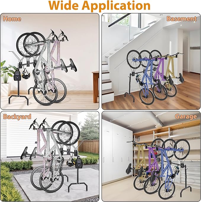 Cycle Storage Organizer Rack for 3 Bikes, Portable Bicycle Parking Rack with 4 Hooks, Bikes Floor Stand for Garage/Home/Indoor/Outdoor Use