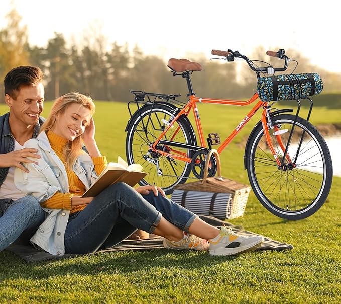 Vintage Style 26 Inch Adult Cruiser Bicycle Hybrid Bike 7 Speeds Commuter Bike for Women, Men, Seniors, SHMANO Shifter and derailleur Step-Over Steel Frame,Double Cargo Rack，4 Colors