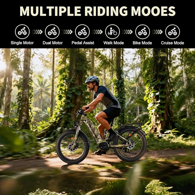 5000w Dual Motor Electric Bicycles, 60V Battery E-Bike with 45 MiIe P-Hour Electric Bike for Adults, 26 Fat Tire Hunting Ebike for All Terrain, Full Suspension Electric Ebike