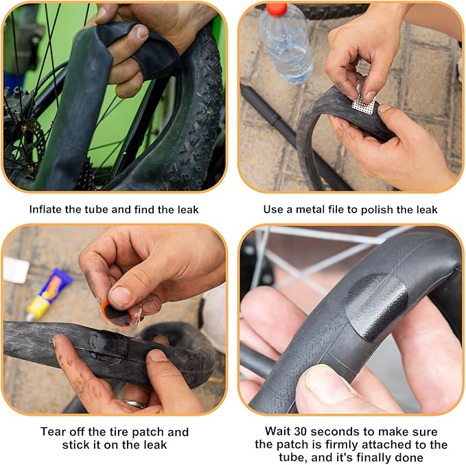 40 Pcs Bicycle Tire Repair Kit Glueless Bike Tube Patche Includes 36Pcs Self Adhesive Round Square Rectangle Patches and 4Pcs Metal Rasps with Box for Road Mountain Bikes Cycling