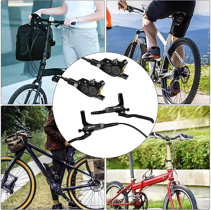 Bicycle Hydraulic Disc Brake Set with Four-Piston Calipers and Aluminum Alloy Construction for Mountain Bike Off-Road and Urban Riding Front/Rear Hose Included(Black)