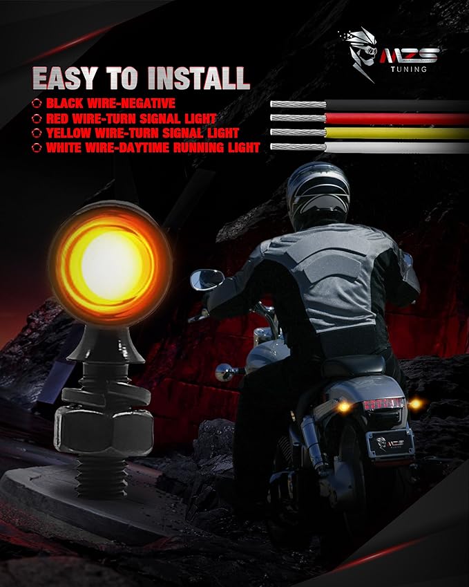 MZS Motorcycle LED Turn Signals, Front Light Amber+Amber and Rear Red Mini Brake Tail Light Blinkers, Minimalist Design, Universal 6mm Screw Compatible with Most Family Motorcycles