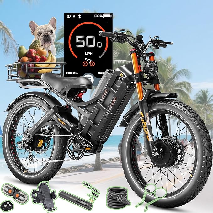 eAhora Romeo Pro 3/2 [2026] 46-50 Mph Electric Bike for Adults, Peak 5600W Dual Motor Ebike, 60V/52V 80Ah/70Ah 250 Miles Long Range E Bike, 26”*4.0 Fat Tire Air Full Suspension Off-Road E-Bike
