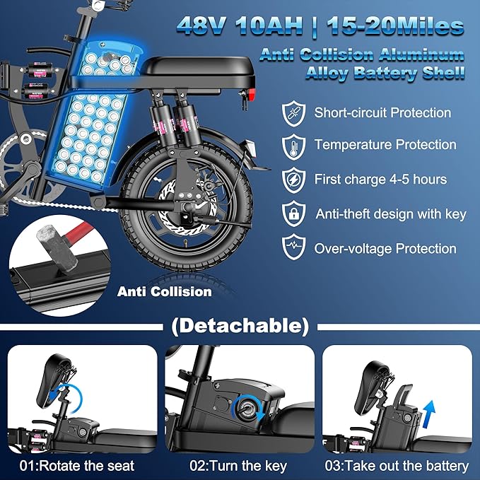 1200W Folding Electric Bike for Adults, 24MPH & 48V Removable Battery, 14" Commuter Ebike with 10 Shock Absorbers, Dual Disc Brakes