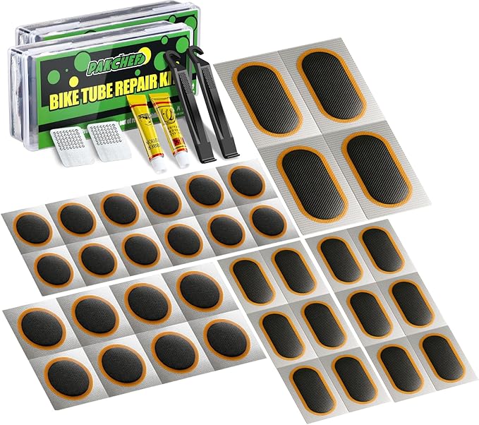 Bike Tube Patch Kit with Vulcanizing Patches - Assorted Sizes, Portable Bicycle Tire Repair Patches for Road, Mountain Bike, Scooter & Ebike Emergency