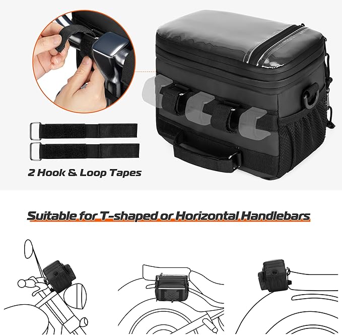 Waterproof Motorcycle Handlebar Bag, Dirtbike Handlebar Bag for Cruiser Softail Dyna Sportsters, Bicycle Tool Storage Pouch with PVC Clear Window & USB Charge Hole, Bag Only