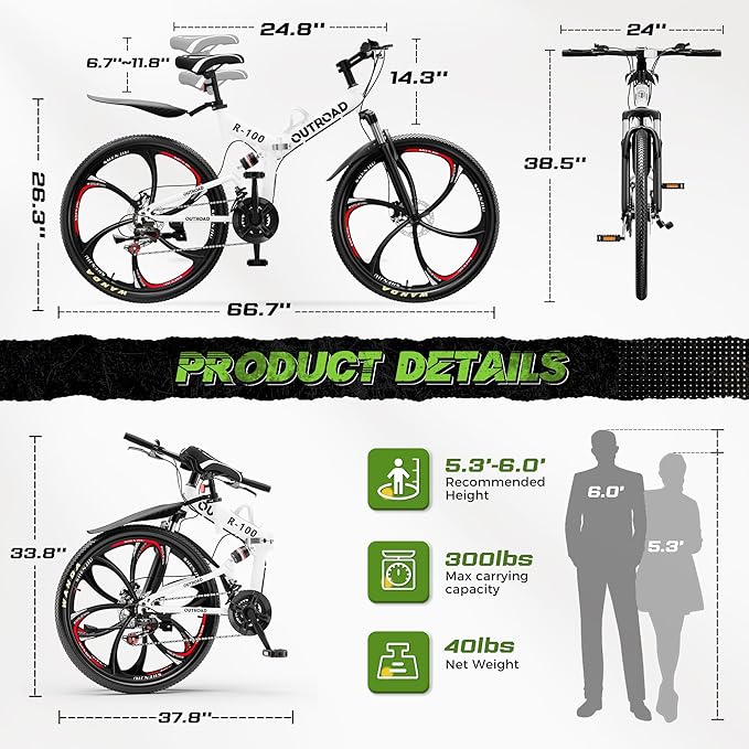 26 Inch Adult Folding Bikes/Mountain Bikes, 21 Speeds Mountain Bicycles with Full Suspension, Dual Disc Brake, High Carbon Steel Frame, Foldable Bike for Men/Women/Teen, Multiple Colors