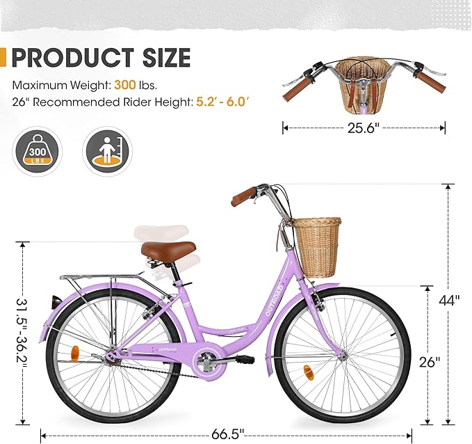 Outroad Comfort Bike for Women, 24/26 Inch Commuter Bicycle for Adult Men and Women, High-Carbon Steel Comfortable City Bikes with Rear Rack or Basket