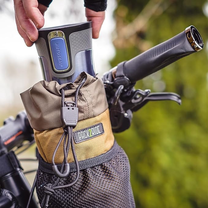 Bongo Bike Handlebar Bag - Water Resistant & Durable Fabric Bicycle Water Bottle Holder, Secure Attachment Bikepacking Stem Bag, One-Handed Access Feed Bag, Front Storage for Cycling - Black
