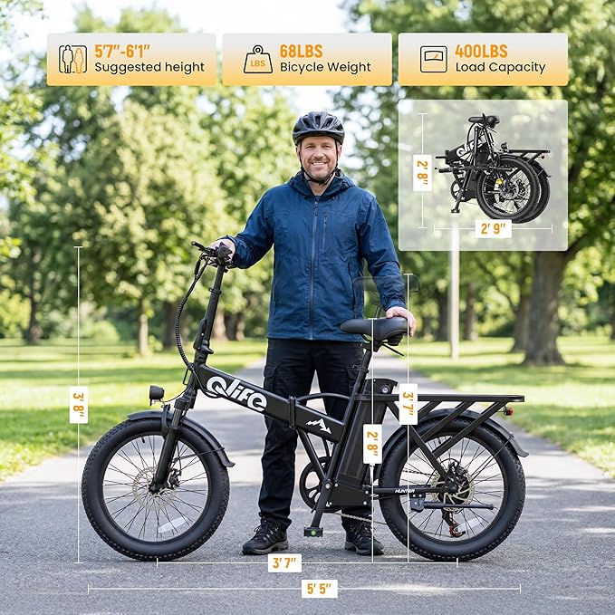 Qlife Hunter Foldable Electric Bike for Adults, Peak 1200W Ebike with 48V 13.5Ah Battery, 65-Mile Range, Heavy-Duty Rear Rack, 20-Inch Fat Tires, Folding E Bike for Commuting & Outdoor Use