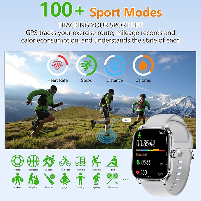 Smart Watch for Women Men with Text and Call, Smartwatches with Heart Rate/SpO2/Sleep/Stress Monitor, 100+ Sports Modes, Fitness Watches Compatible with iOS/Android (Silver, 1.96")