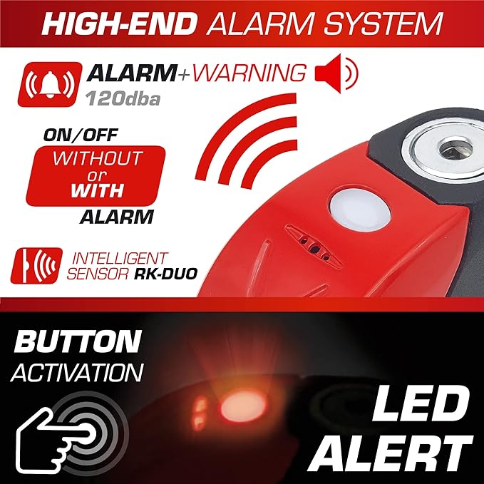 RADIKAL RK9 Disc Lock with Premum Alarm 120db ON/Off, LED Night Alert, Warning Pre-Alarm, 100% Waterproof, Full Metal Heavy Duty Brake Lock Universal Anti Theft Device for Motorcycle, E-Bike, Bicycle