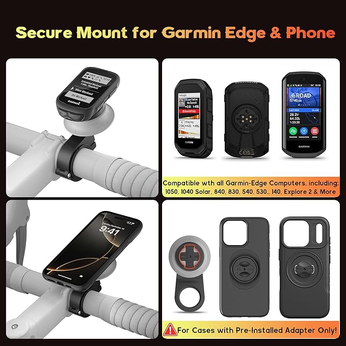Bike Computer Mount Compatible with Garmin Edge, iGPSPORT, XOSS - Aluminum Cycling GPS Mount with Secure Dual-Lock, Quarter-Turn Release, Fit Edge 1050 1040 840 540 and More MTB Bicycle Computer