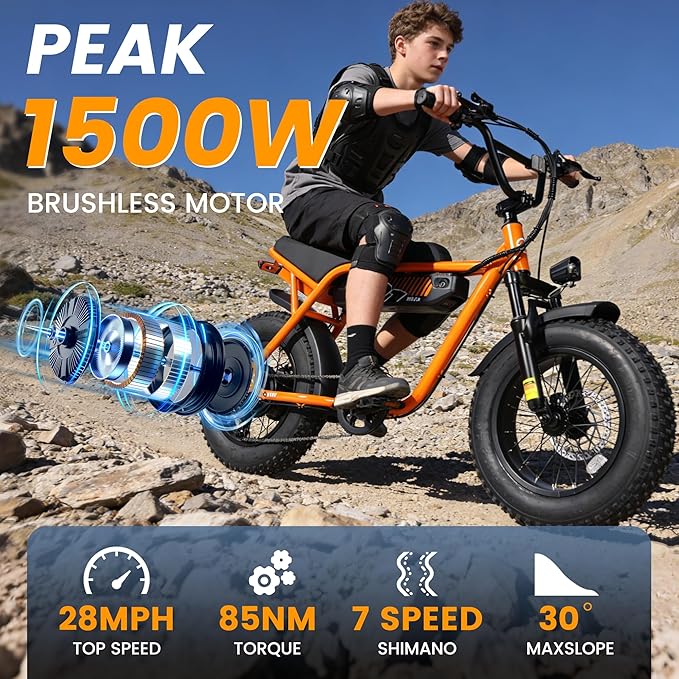 ESKUTE V100 Electric Bike for Adults, Electric Dirt Bike 1500W Peak Motor, All Terrain Dual Suspension E Bike 28MPH Top Speed, Ebike Up to 60 Miles Range, 16" Fat Tire, 48V13Ah Battery, 7-Speed